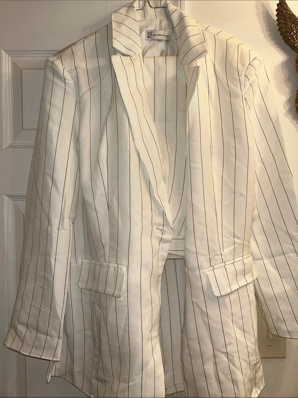New York & Company Cream Blazer with Black Pinstripes